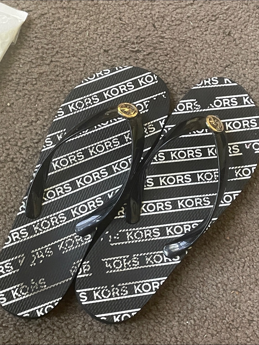 Authentic Michael Kors Black and White Logo Flip Flops with Gold MK Accent